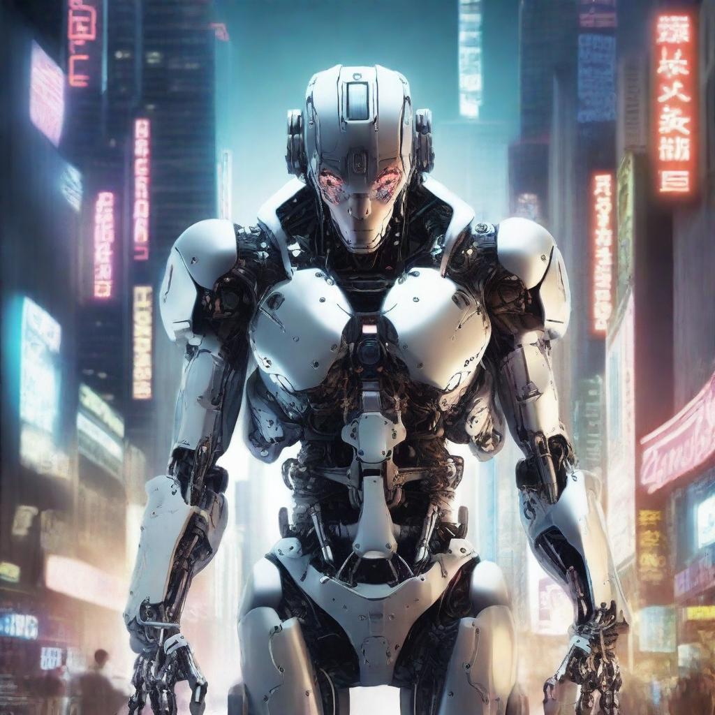 Create a highly detailed and realistic photo of a cyborg for the cover of a science fiction novel in a manga style