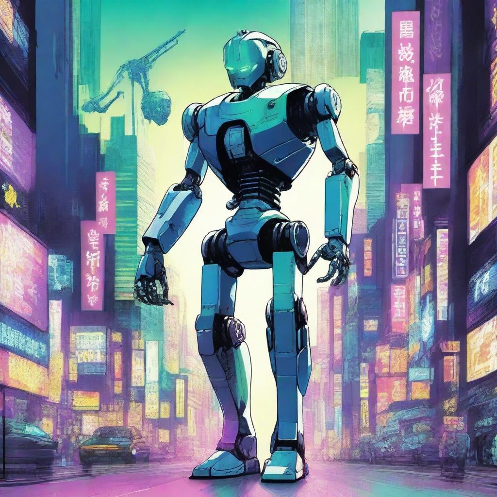 Design a captivating cover for a science fiction novel in a manga style featuring a robot