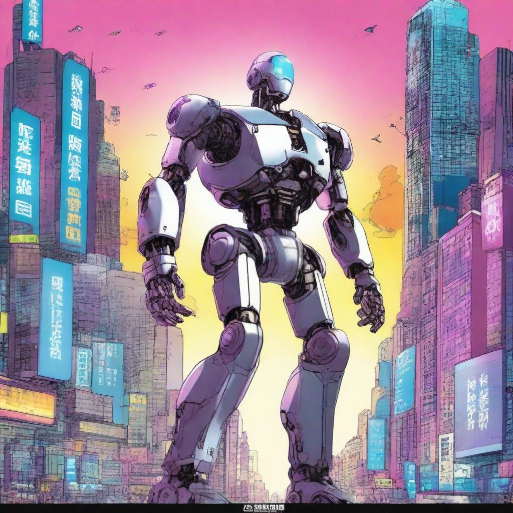 Design a captivating cover for a science fiction novel in a manga style featuring a robot