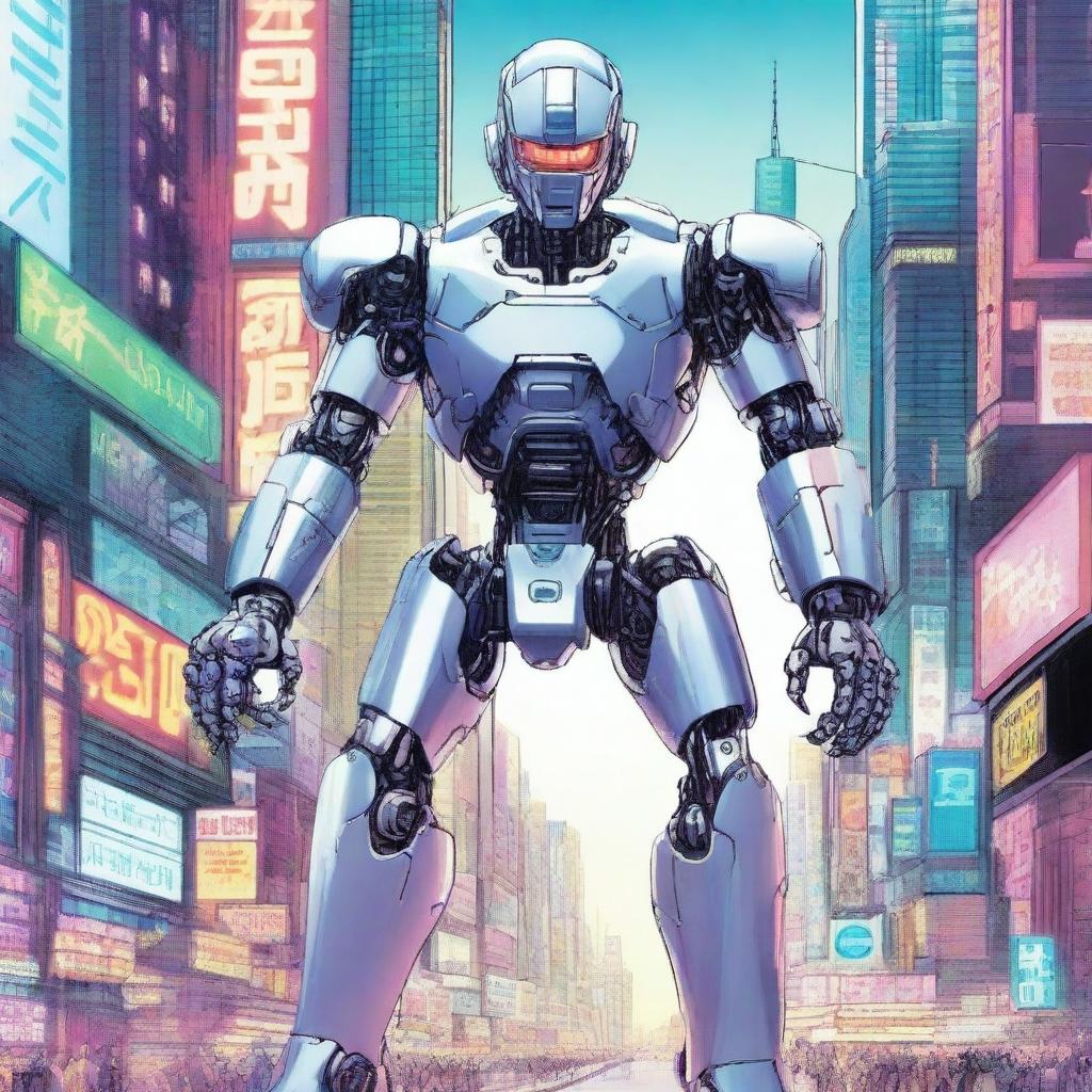 Create an engaging cover for a science fiction novel in a manga style featuring a human-robot