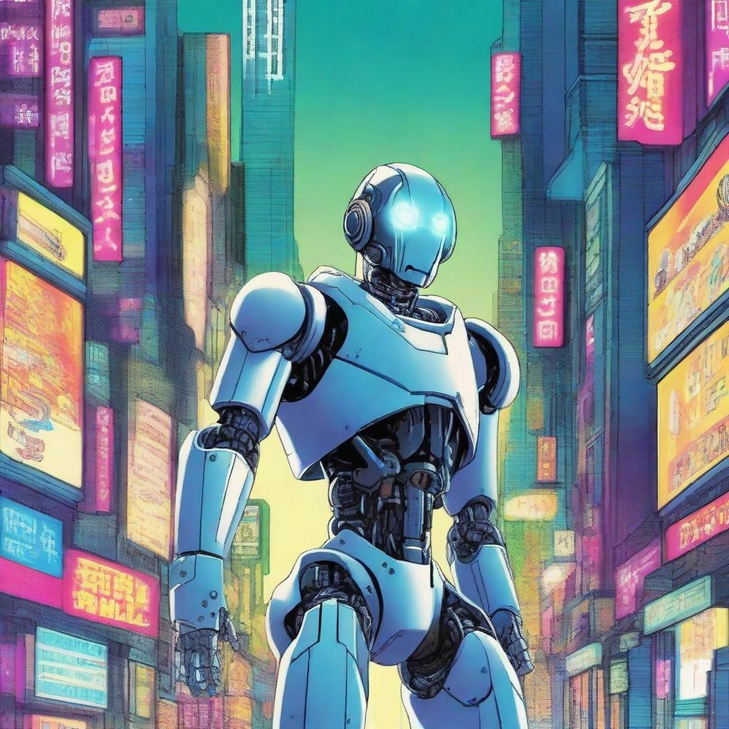 Create an engaging cover for a science fiction novel in a manga style featuring a human-robot