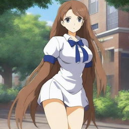 Standing in the school compound is a striking 16-year-old anime girl, exuding an aura of natural beauty and elegance