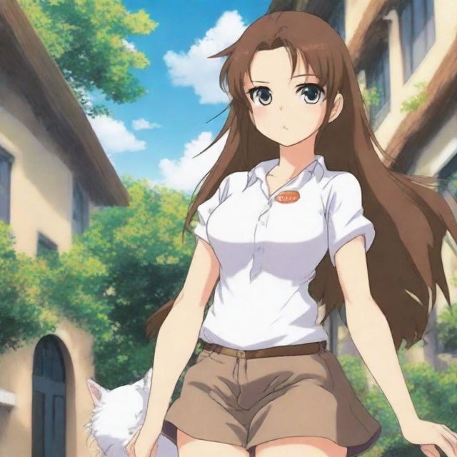 Standing in the school compound is a striking 16-year-old anime girl, exuding an aura of natural beauty and elegance