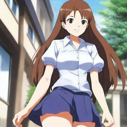 Standing in the school compound is a striking 16-year-old anime girl, exuding an aura of natural beauty and elegance