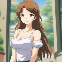 Standing in the school compound is a striking 16-year-old anime girl, exuding an aura of natural beauty and elegance