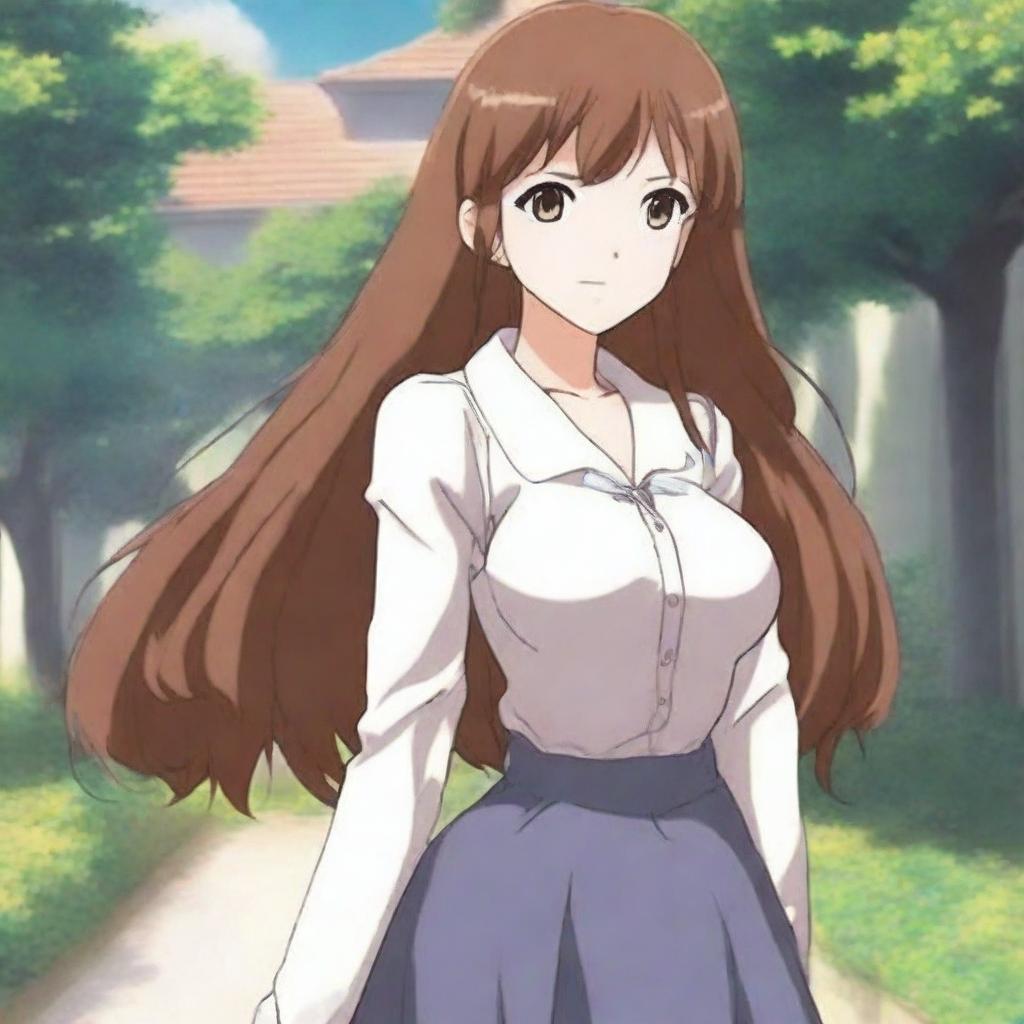 An anime girl standing in the school compound, exuding an aura of natural beauty and elegance