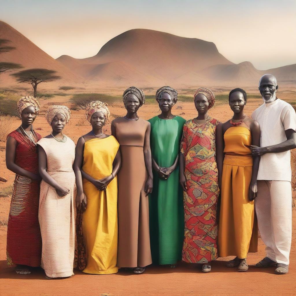 A diverse group of people representing various African ethnicities and backgrounds, standing together with a backdrop of iconic African landscapes