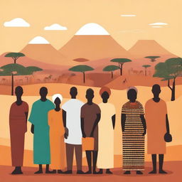 A diverse group of people representing various African ethnicities and backgrounds, standing together with a backdrop of iconic African landscapes