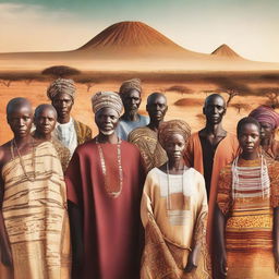 A diverse group of people representing various African ethnicities and backgrounds, standing together with a backdrop of iconic African landscapes