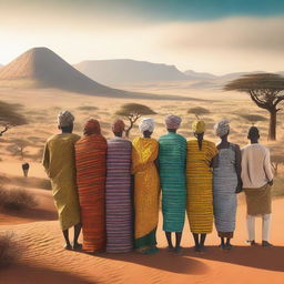 A diverse group of people representing various African ethnicities and backgrounds, standing together with a backdrop of iconic African landscapes