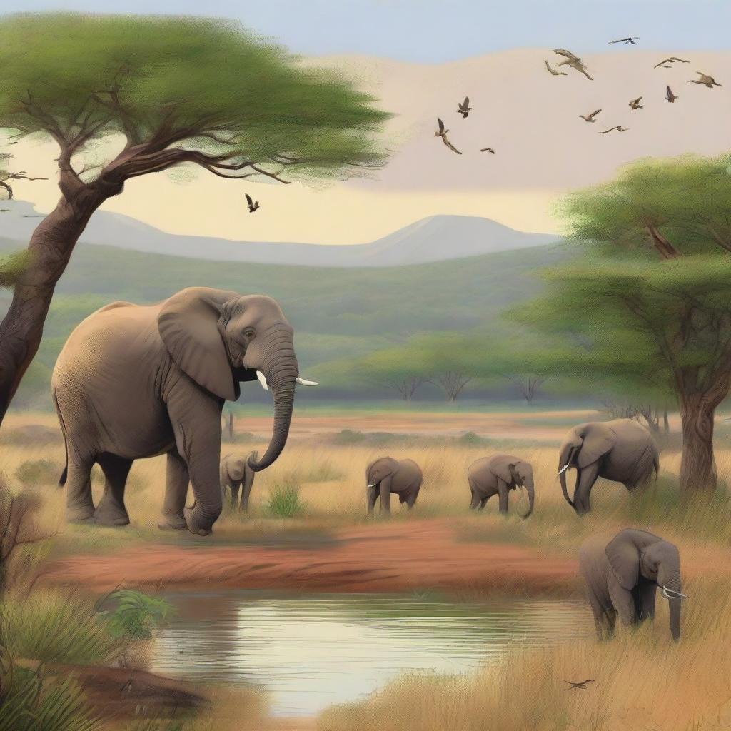 A detailed and vibrant depiction of Yankari Game Reserve in Nigeria, showcasing its diverse wildlife, including elephants, baboons, and various bird species