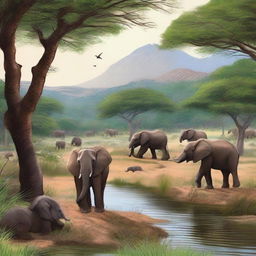 A detailed and vibrant depiction of Yankari Game Reserve in Nigeria, showcasing its diverse wildlife, including elephants, baboons, and various bird species