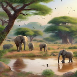 A detailed and vibrant depiction of Yankari Game Reserve in Nigeria, showcasing its diverse wildlife, including elephants, baboons, and various bird species