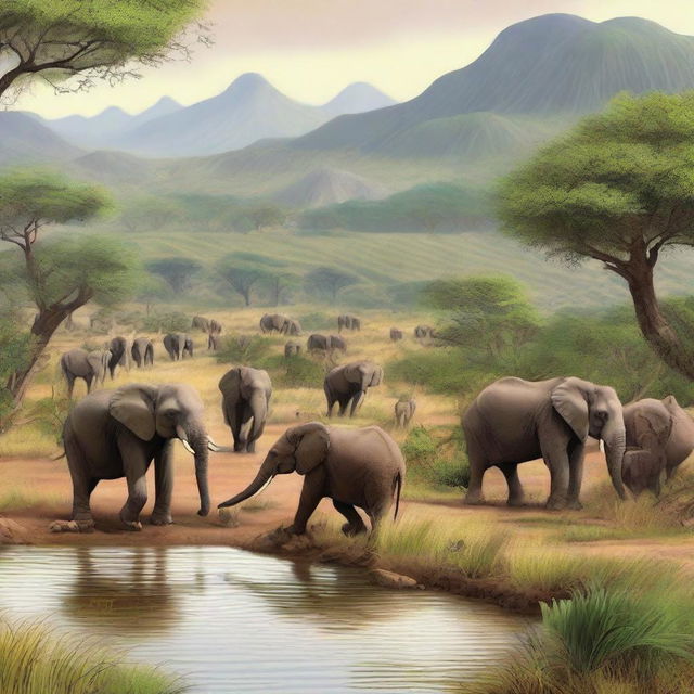 A detailed and vibrant depiction of Yankari Game Reserve in Nigeria, showcasing its diverse wildlife, including elephants, baboons, and various bird species