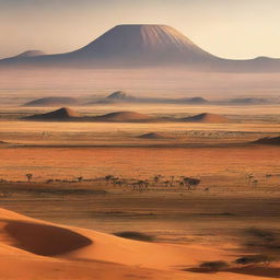 A panoramic view of diverse African terrain, featuring a mix of savannas, deserts, mountains, and rainforests