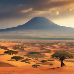 A panoramic view of diverse African terrain, featuring a mix of savannas, deserts, mountains, and rainforests