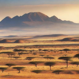 A panoramic view of diverse African terrain, featuring a mix of savannas, deserts, mountains, and rainforests