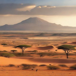 A panoramic view of diverse African terrain, featuring a mix of savannas, deserts, mountains, and rainforests