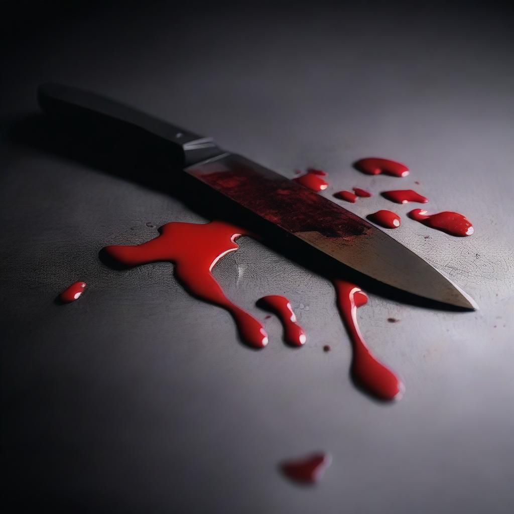 A black background with a blood-stained knife in the foreground