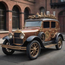 A police car re-imagined in a steampunk theme, characterized by antique aesthetics, copper and brass details, steam-driven engines, alongside a sophisticated system of gears and gauges.