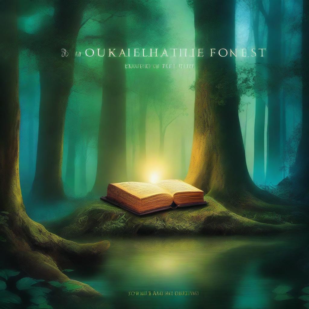 A captivating book cover featuring a mystical forest with a hidden ancient temple