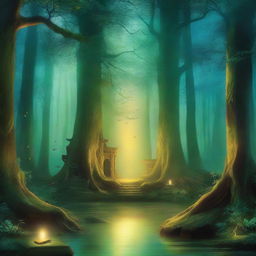 A captivating book cover featuring a mystical forest with a hidden ancient temple