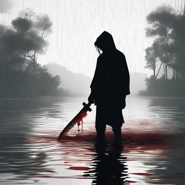 A black silhouette holding a blood-stained knife, standing in a river during a rainstorm