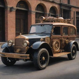 A police car re-imagined in a steampunk theme, characterized by antique aesthetics, copper and brass details, steam-driven engines, alongside a sophisticated system of gears and gauges.