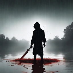 A black silhouette holding a blood-stained knife, standing in a river during a rainstorm