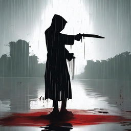 A black silhouette holding a blood-stained knife, standing in a river during a rainstorm