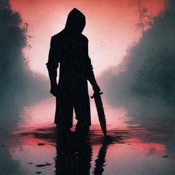 A black silhouette holding a blood-stained knife, standing in a river during a rainstorm