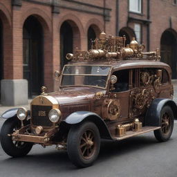 A police car re-imagined in a steampunk theme, characterized by antique aesthetics, copper and brass details, steam-driven engines, alongside a sophisticated system of gears and gauges.