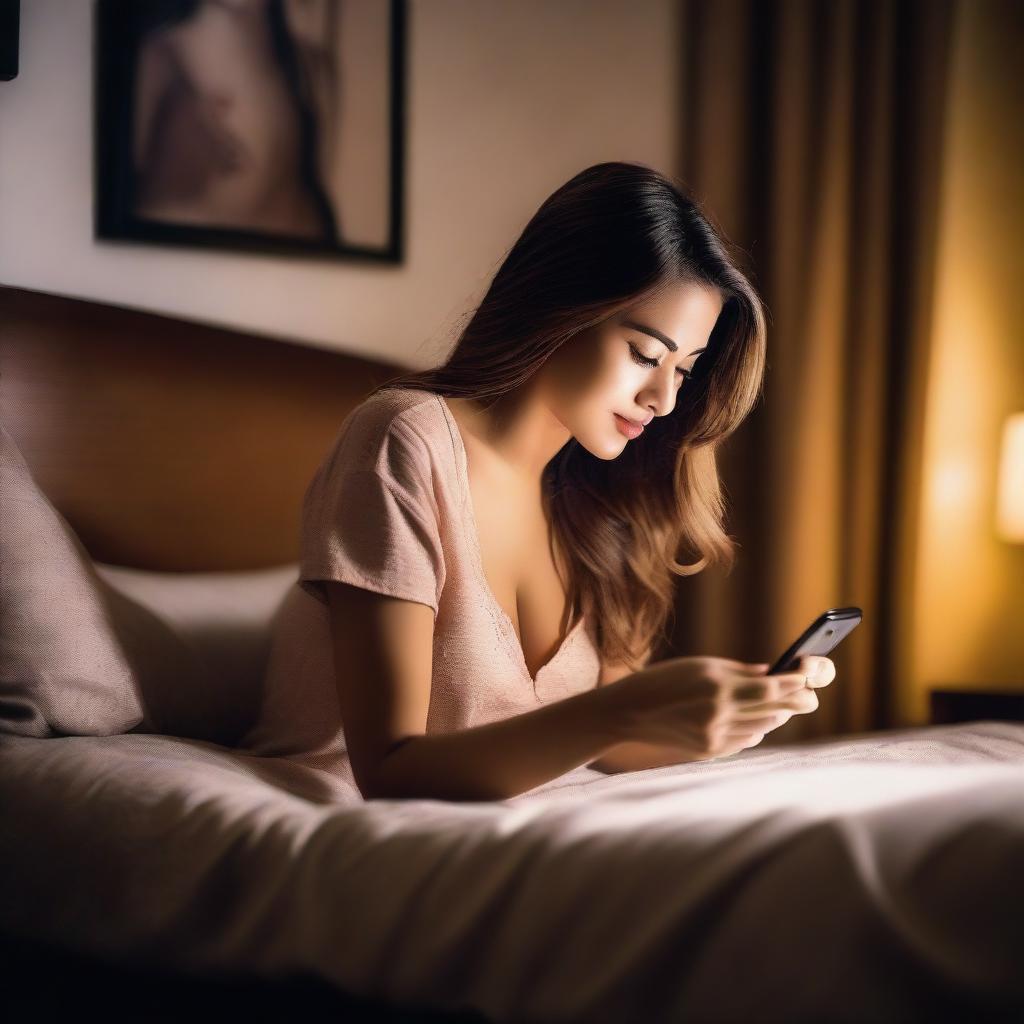 A sexy woman playing slot games on her mobile phone in a bedroom