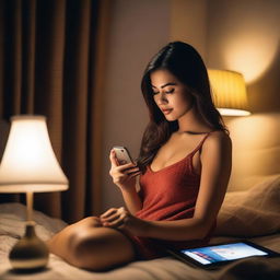 A sexy woman playing slot games on her mobile phone in a bedroom