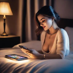 A sexy woman playing slot games on her mobile phone in a bedroom