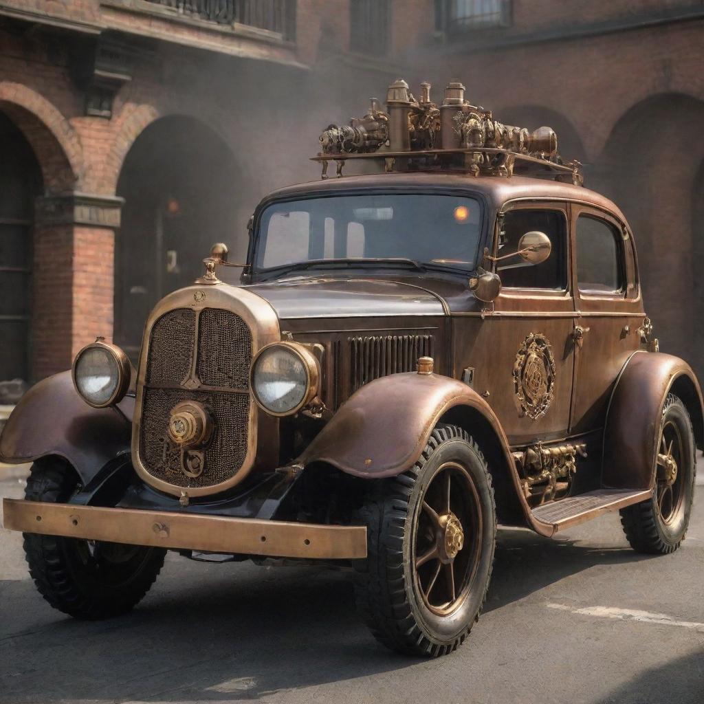 A police car re-imagined in a steampunk theme, characterized by antique aesthetics, copper and brass details, steam-driven engines, alongside a sophisticated system of gears and gauges.