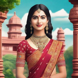 A beautiful Indian girl wearing traditional attire, standing in a scenic background with cultural elements