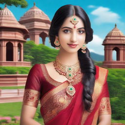 A beautiful Indian girl wearing traditional attire, standing in a scenic background with cultural elements