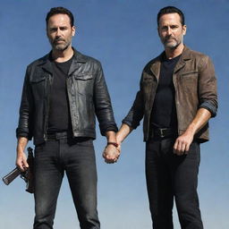 Rick Grimes and Negan Smith from The Walking Dead, portrayed in their iconic outfits, are standing side by side and surprisingly holding hands in a sign of unity.