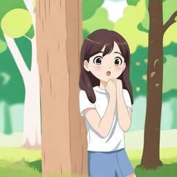 A young girl is secretly watching her crush from a distance, hiding behind a tree in a park