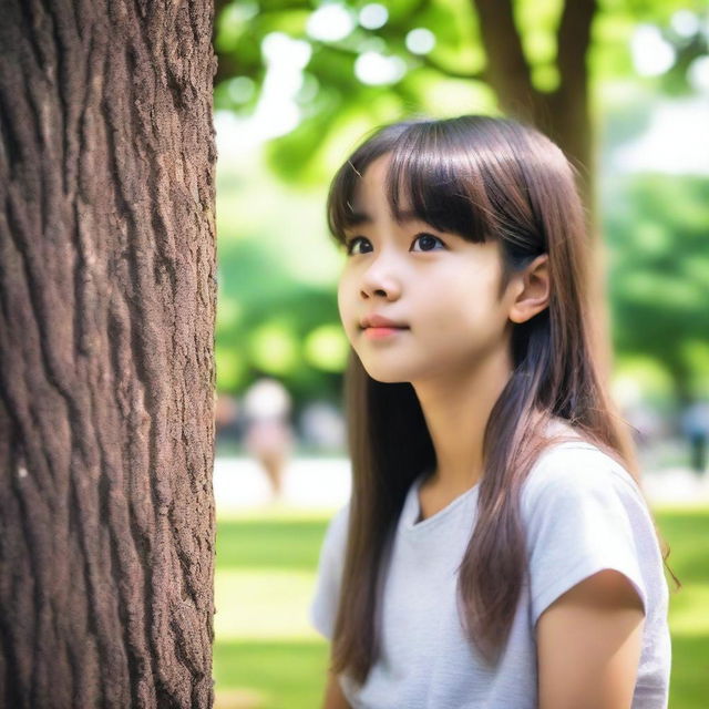 A young girl is secretly watching her crush from a distance, hiding behind a tree in a park