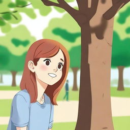 A young girl is secretly watching her crush from a distance, hiding behind a tree in a park