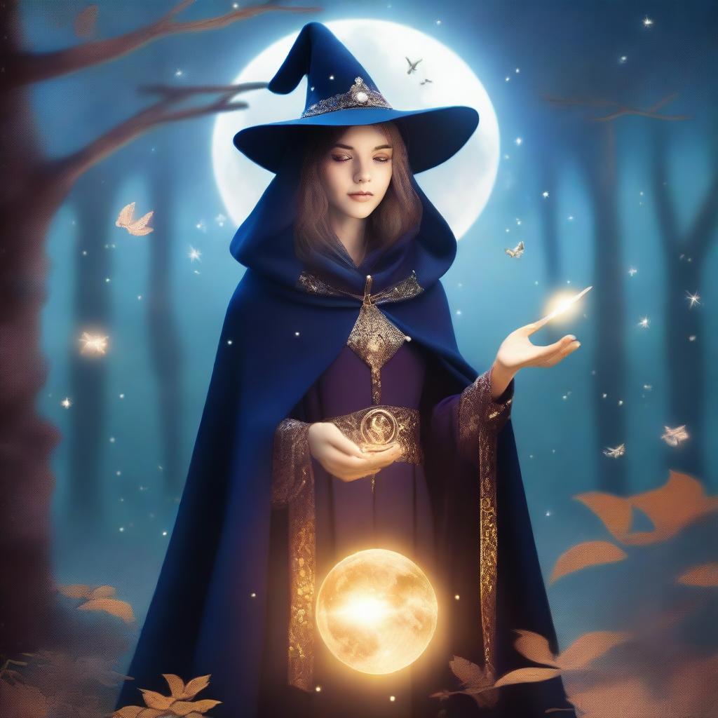 A young female magician wearing a flowing cloak and a pointed hat, casting a spell with a glowing wand