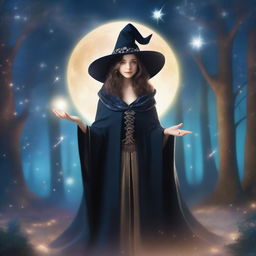 A young female magician wearing a flowing cloak and a pointed hat, casting a spell with a glowing wand