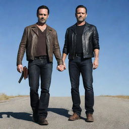 Rick Grimes and Negan Smith from The Walking Dead, portrayed in their iconic outfits, are standing side by side and surprisingly holding hands in a sign of unity.