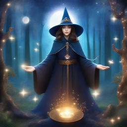 A young female magician wearing a flowing cloak and a pointed hat, casting a spell with a glowing wand