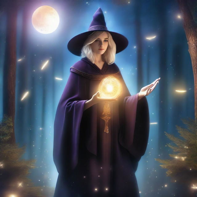 A young female magician wearing a flowing cloak and a pointed hat, casting a spell with a glowing wand