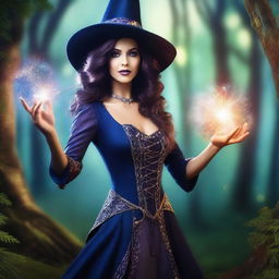 A confident and alluring female magician wearing a stylish and slightly revealing outfit, casting a spell with a magical staff