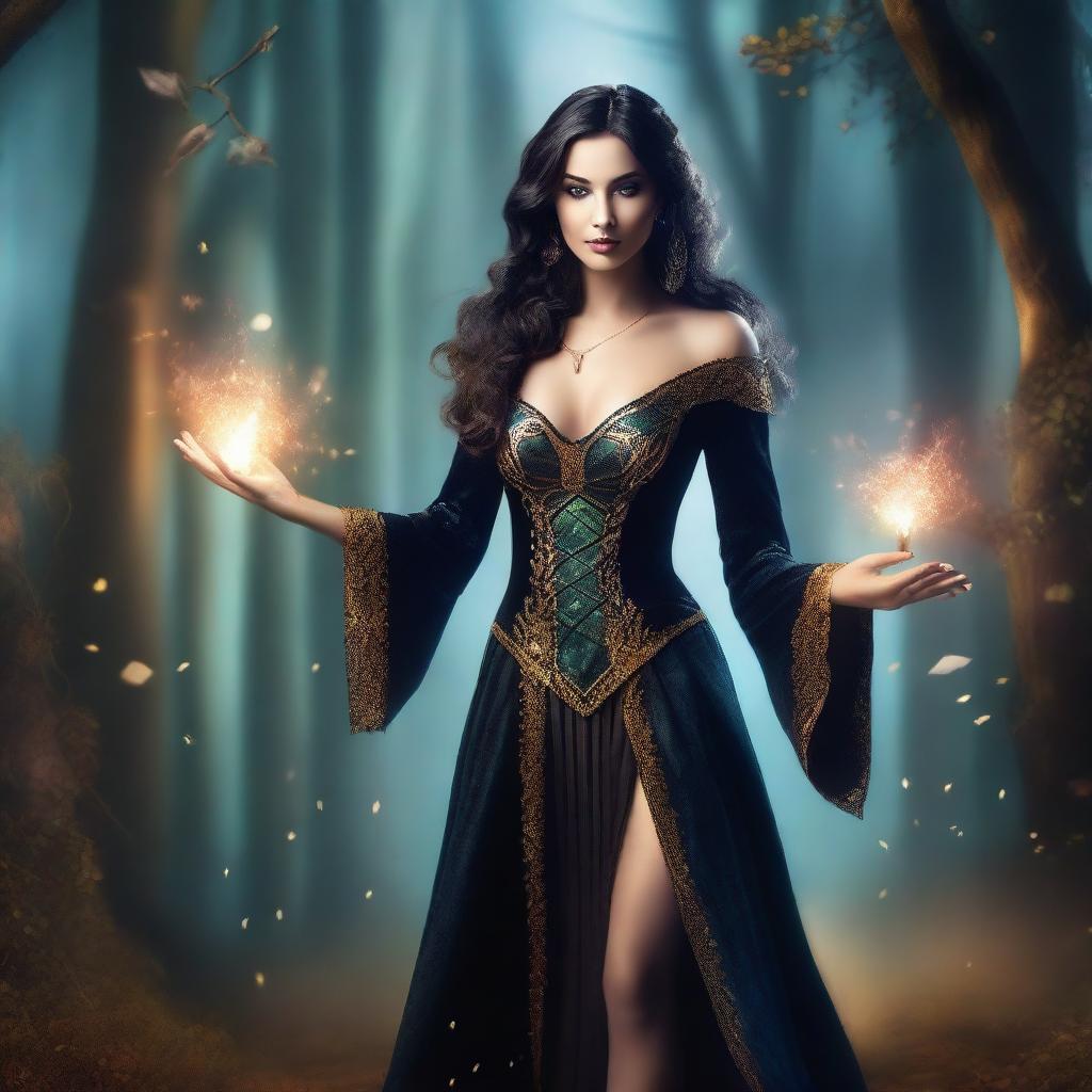 A confident and alluring female magician wearing a stylish and slightly revealing outfit, casting a spell with a magical staff