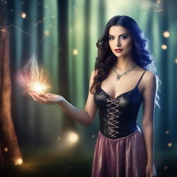 A confident and alluring female magician wearing a stylish and slightly revealing outfit, casting a spell with a magical staff